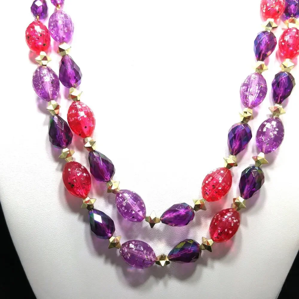 West Germany Glitter Beaded Necklace, Molded Plastic Purple Pink Beads, 1950s